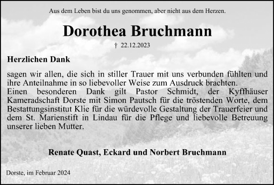 Traueranzeige von Dorothea Bruchmann von Harz Kurier