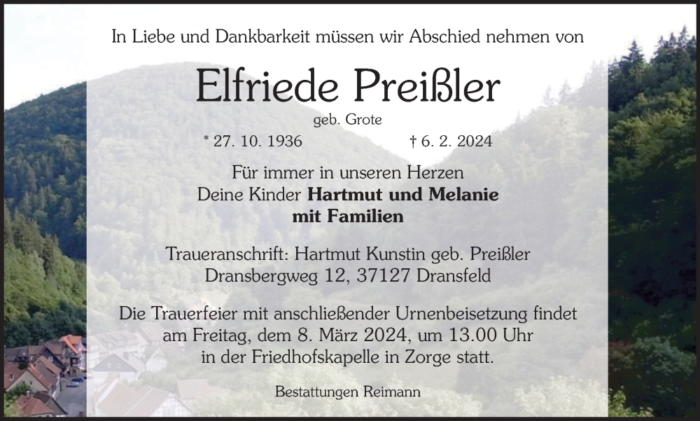  Traueranzeige für Elfriede Preißler vom 10.02.2024 aus Harz Kurier