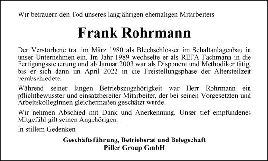 Traueranzeige von Frank Rohrmann von Harz Kurier