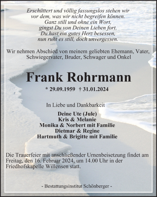 Traueranzeige von Frank Rohrmann von Harz Kurier