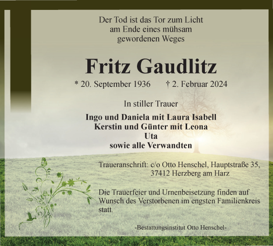 Traueranzeige von Fritz Gaudlitz von Harz Kurier