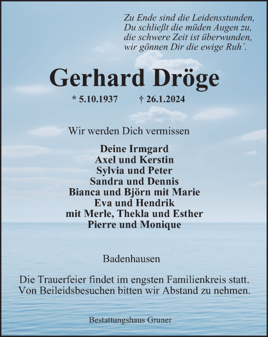Traueranzeige von Gerhard Dröge von Harz Kurier