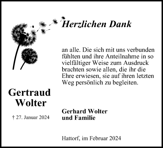 Traueranzeige von Gertraud Wolter von Harz Kurier