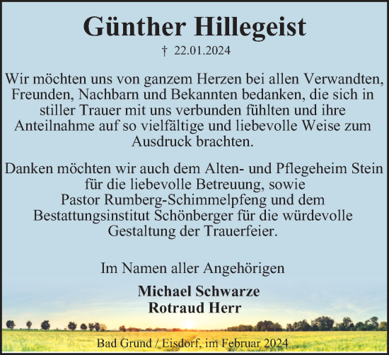 Traueranzeige von Günther Hillegeist von Harz Kurier