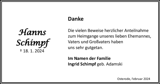 Traueranzeige von Hanns Schimpf von Harz Kurier