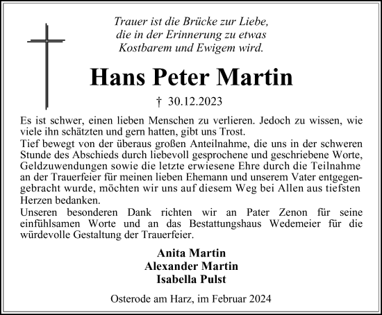 Traueranzeige von Hans Peter Martin von Harz Kurier