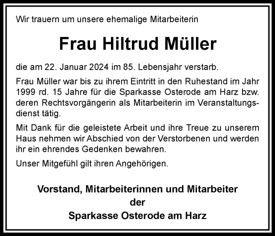 Traueranzeige von Hiltrud Müller von Harz Kurier