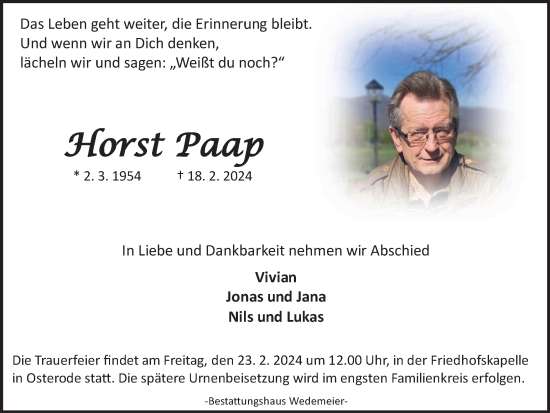 Traueranzeige von Horst Paap von Harz Kurier