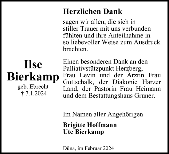 Traueranzeige von Ilse Bierkamp von Harz Kurier