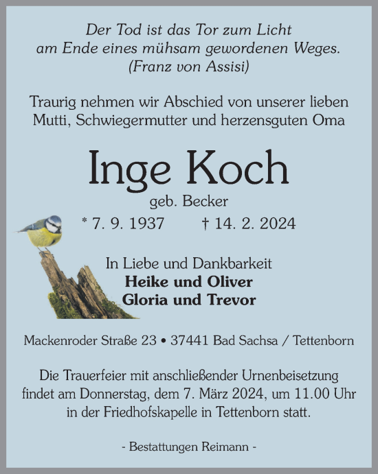 Traueranzeige von Inge Koch von Harz Kurier