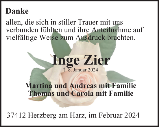 Traueranzeige von Inge Zier von Harz Kurier