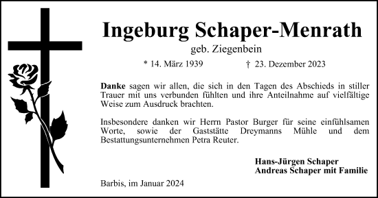 Traueranzeige von Ingeburg Schaper-Menrath von Harz Kurier