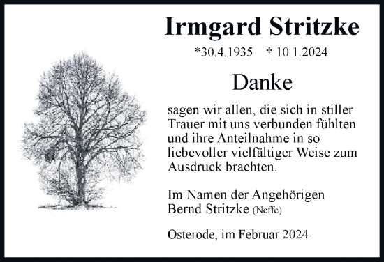 Traueranzeige von Irmgard Stritzke von Harz Kurier