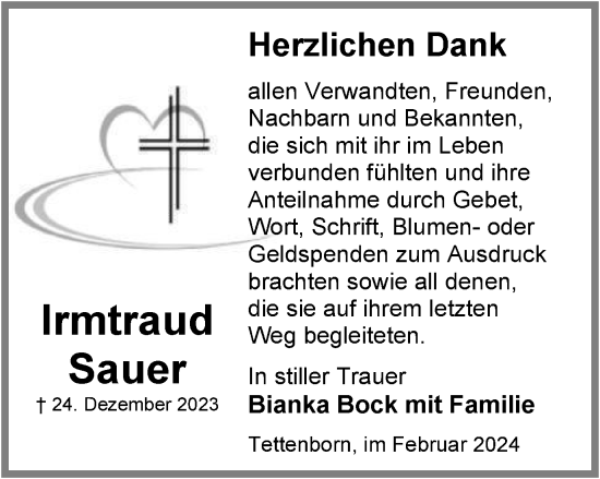 Traueranzeige von Irmtraud Sauer von Harz Kurier