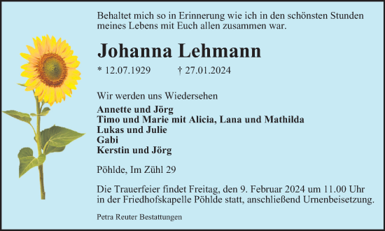Traueranzeige von Johanna Lehmann von Harz Kurier