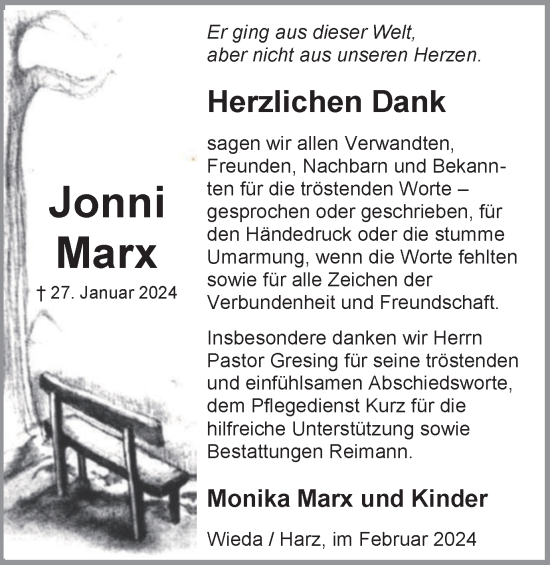Traueranzeige von Jonni Marx von Harz Kurier
