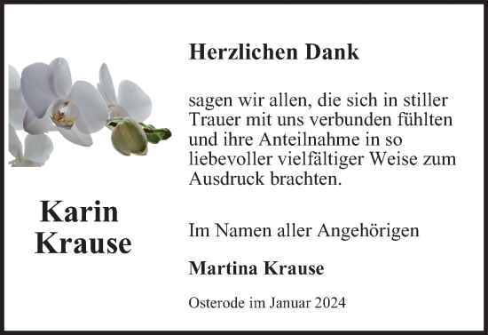 Traueranzeige von Karin Krause von Harz Kurier
