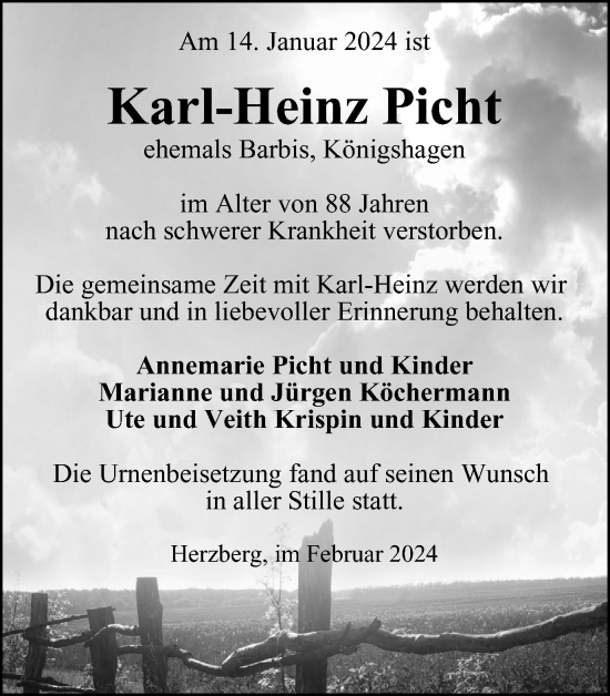 Traueranzeige von Karl-Heinz Picht von Harz Kurier