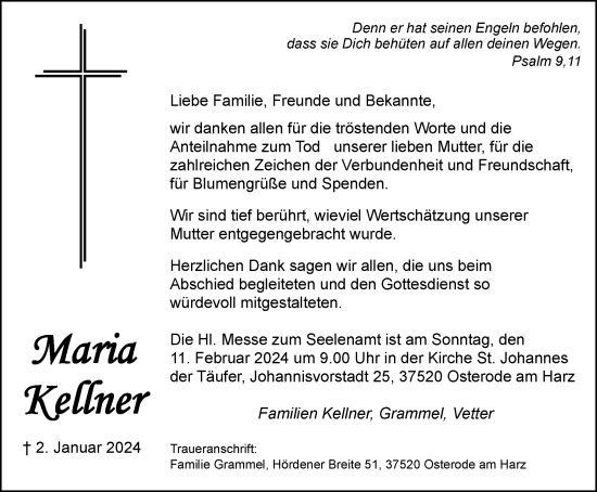 Traueranzeige von Maria Kellner von Harz Kurier