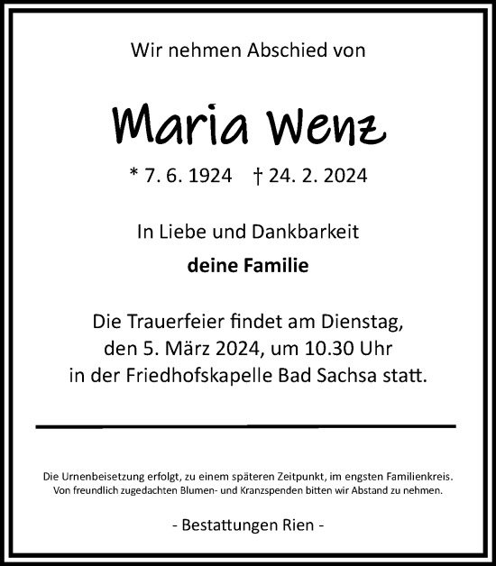 Traueranzeige von Maria Wenz von Harz Kurier