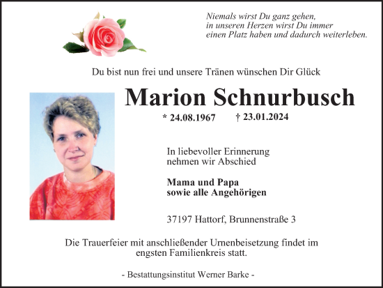 Traueranzeige von Marion Schnurbusch von Harz Kurier