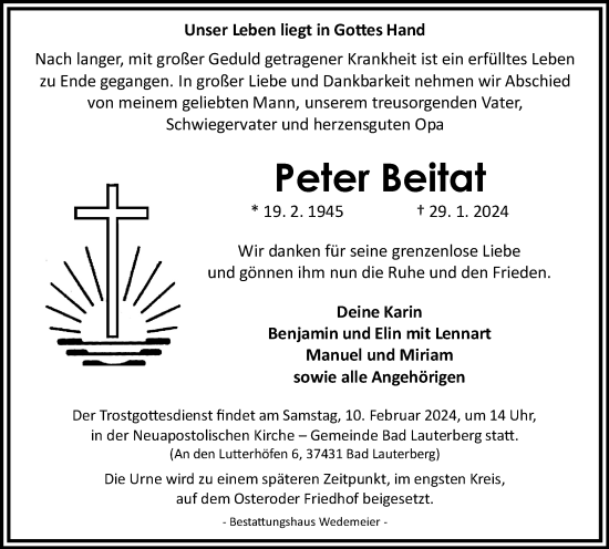Traueranzeige von Peter Beitat von Harz Kurier