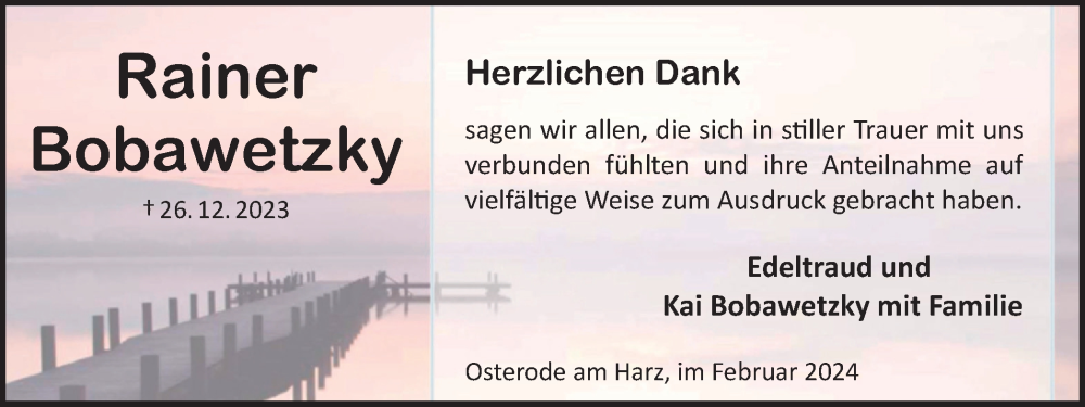  Traueranzeige für Rainer Bobawetzky vom 10.02.2024 aus Harz Kurier