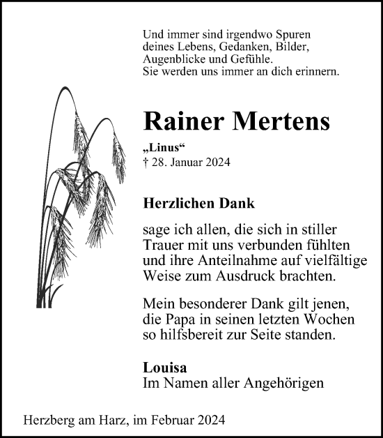 Traueranzeige von Rainer Mertens von Harz Kurier