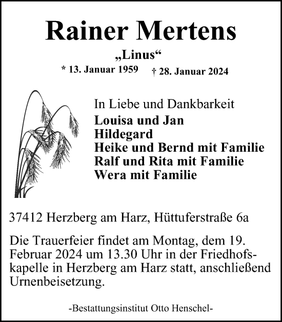 Traueranzeige von Rainer Mertens von Harz Kurier