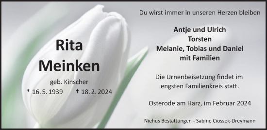 Traueranzeige von Rita Meinken von Harz Kurier