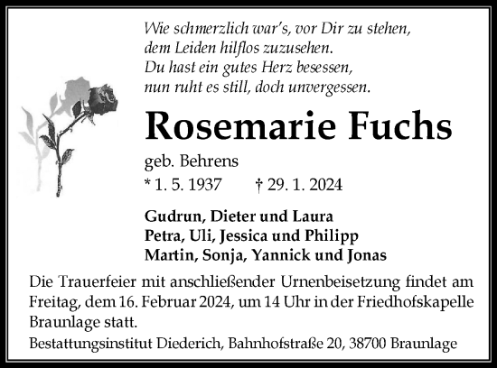 Traueranzeige von Rosemarie Fuchs von Harz Kurier