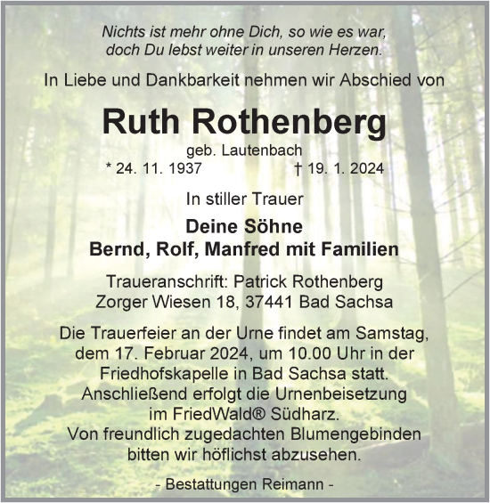 Traueranzeige von Ruth Rothenberg von Harz Kurier