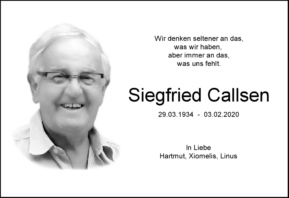  Traueranzeige für Siegfried Callsen vom 03.02.2024 aus Harz Kurier