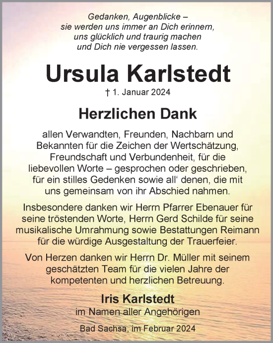Traueranzeige von Ursula Karlstedt von Harz Kurier