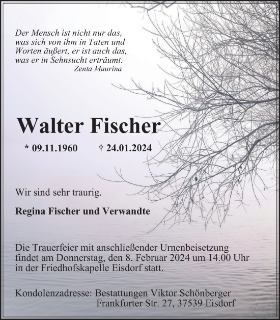 Traueranzeige von Walter Fischer von Harz Kurier