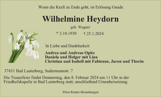Traueranzeige von Wilhelmine Heydorn von Harz Kurier
