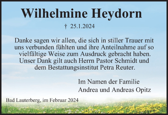 Traueranzeige von Wilhelmine Heydorn von Harz Kurier