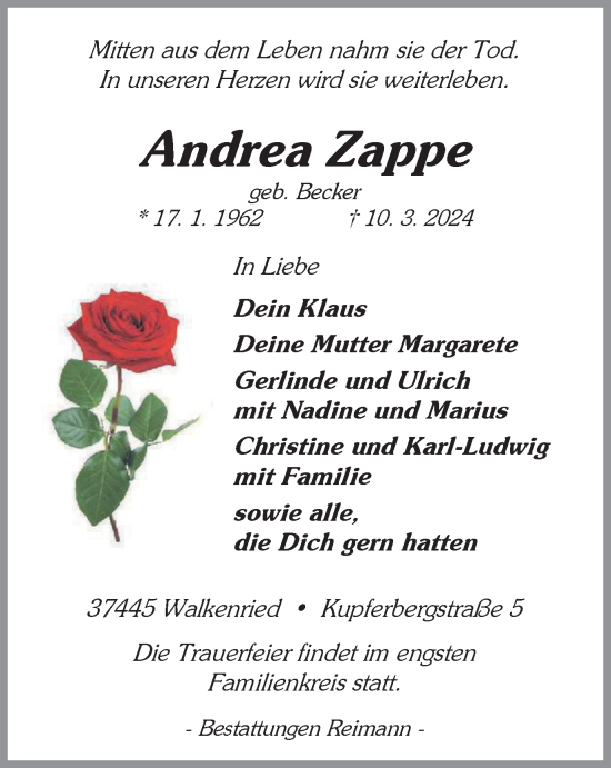 Traueranzeige von Andrea Zappe von Harz Kurier