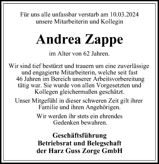 Traueranzeige von Andrea Zappe von Harz Kurier