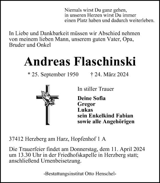 Traueranzeige von Andreas Flaschinski von Harz Kurier