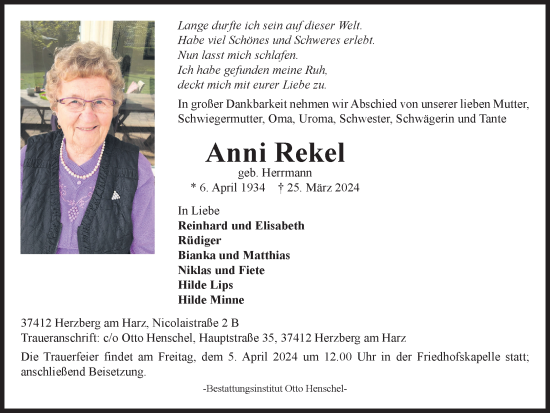 Traueranzeige von Anni Rekel von Harz Kurier