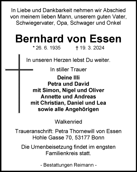 Traueranzeige von Bernhard von Essen von Harz Kurier