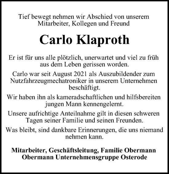 Traueranzeige von Carlo Klaproth von Harz Kurier