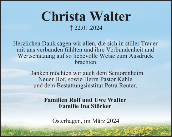 Traueranzeige von Christa Walter von Harz Kurier