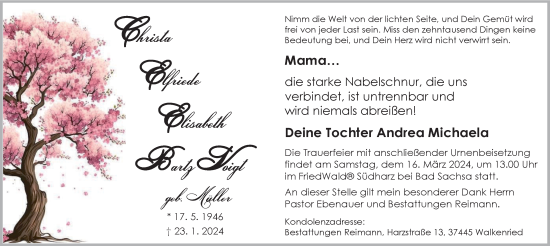 Traueranzeige von Christa Elfriede Elisabeth Bartz Voigt von Harz Kurier