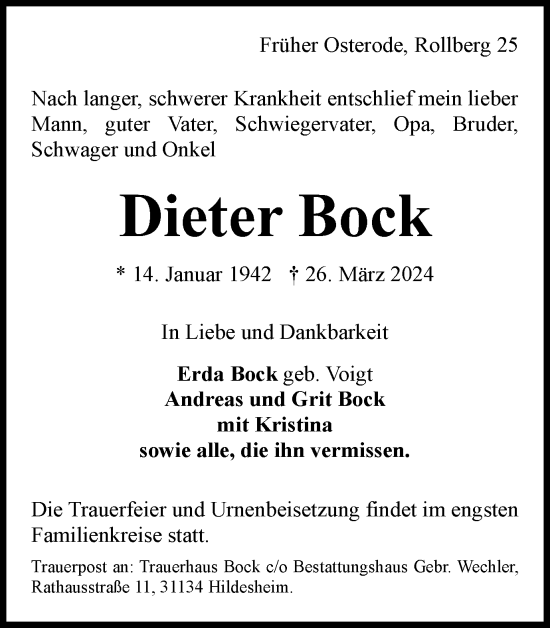 Traueranzeige von Dieter Bock von Harz Kurier