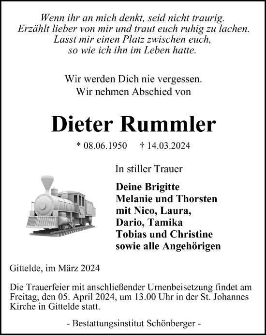 Traueranzeige von Dieter Rummler von Harz Kurier