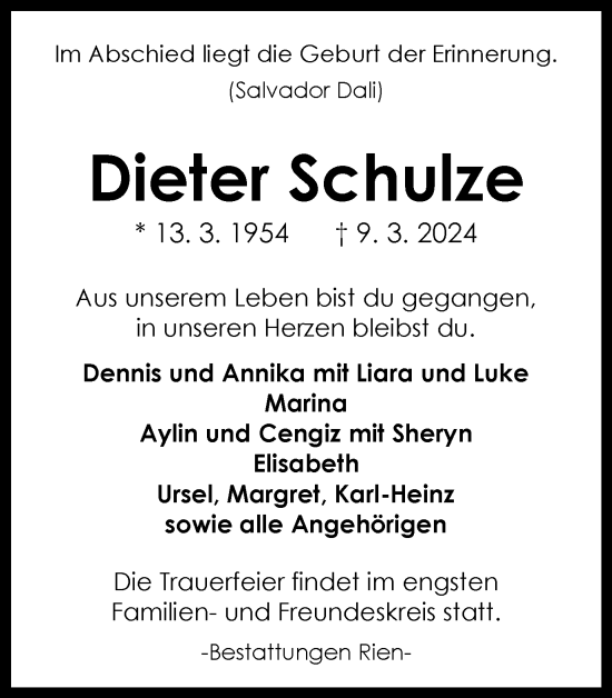 Traueranzeige von Dieter Schulze von Harz Kurier