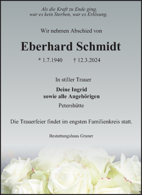 Traueranzeige von Eberhard Schmidt von Harz Kurier