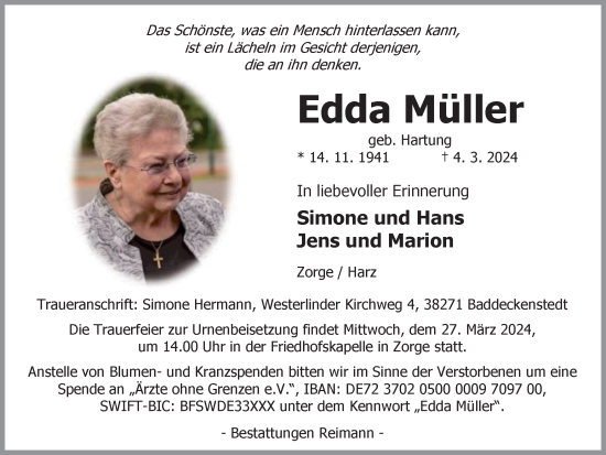 Traueranzeige von Edda Müller von Harz Kurier